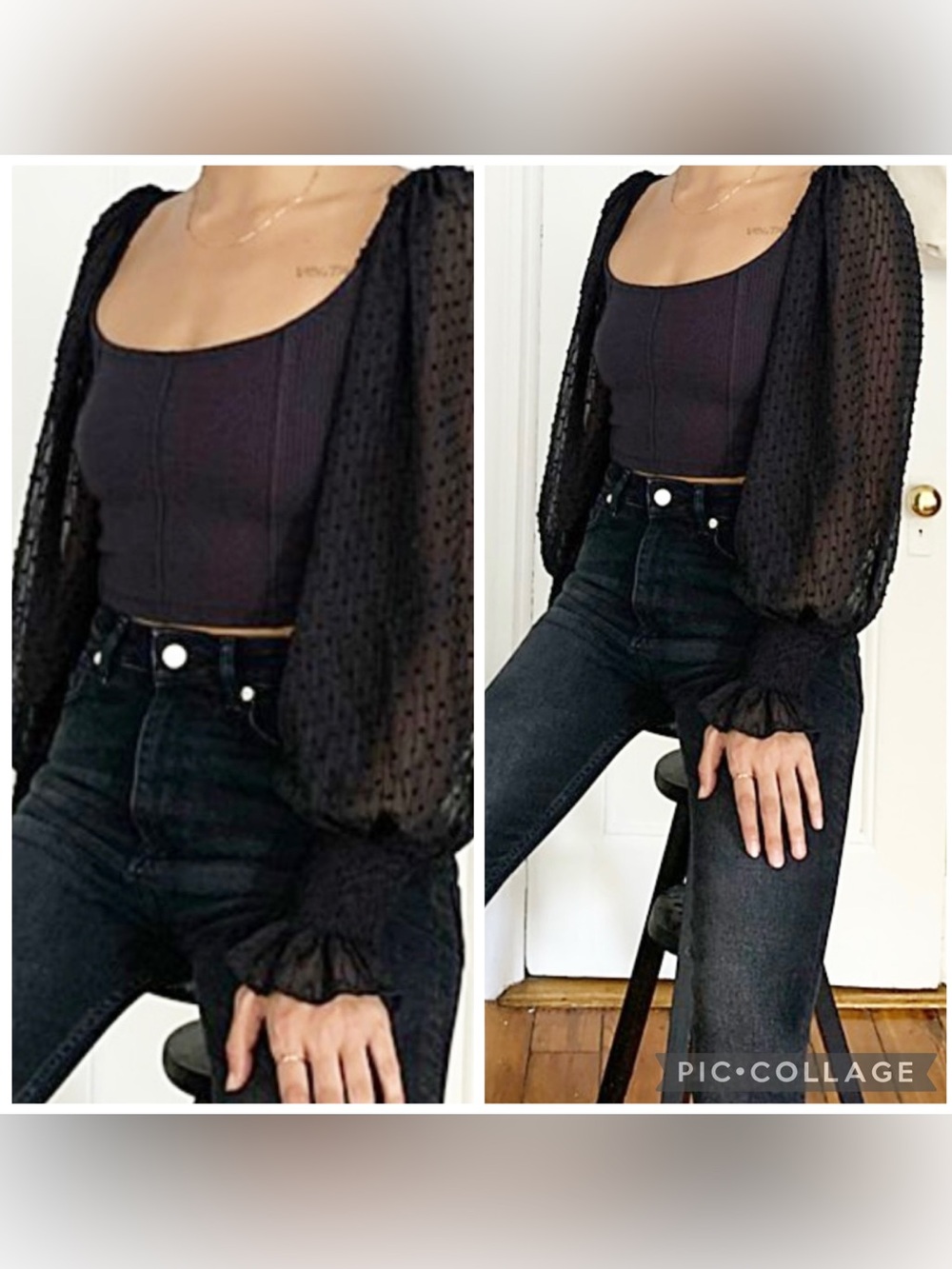 URBAN OUTFITTERS Women’s Black CYNTHIA CLIP DOT Long Sleeve Crop Top Size Small